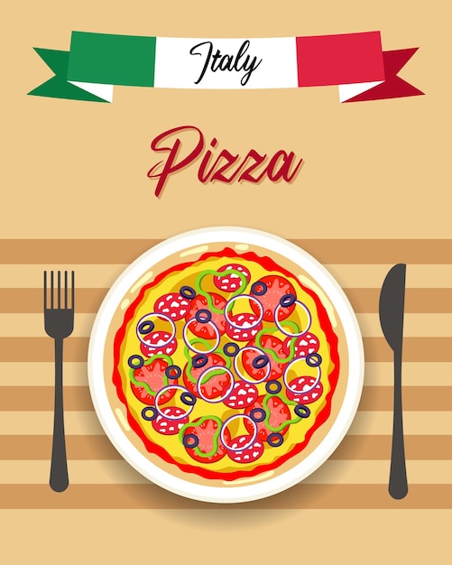 Vettore pizza colorata, forchetta, coltello e nastro bandiera italiana. cartolina, poster retrò, vettore