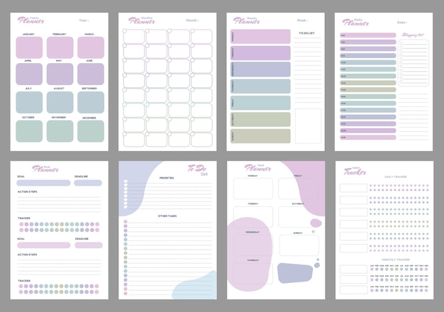벡터 다채로운 플래너 템플릿 주간 월간 및 연간 플래너는 목표 플래너 습관 추적기를 수행합니다.
