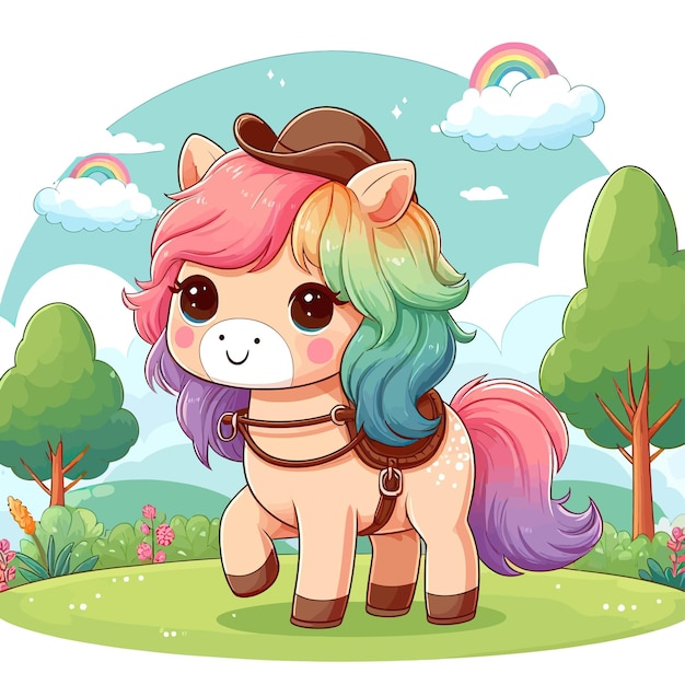 Vector a colorful pony with a rainbow on its head and a rainbow in the sky