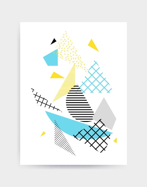 Colorful Pop art geometric pattern with bright bold blocks squiggles. Colorful Material Design Background in Pink Yellow Blue Black and White. Prospectus, poster, magazine, broadsheet, leaflet, book