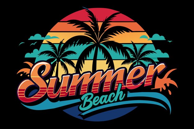 A colorful poster of a beach with palm trees and the words Summer Beach