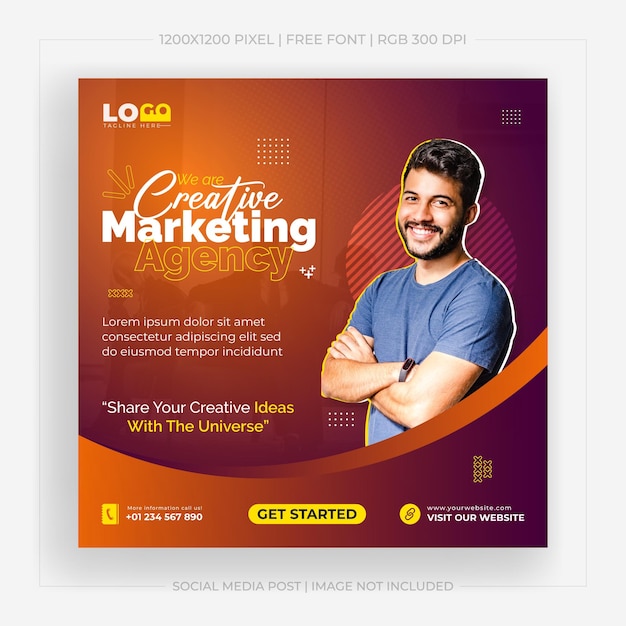 A colorful poster for creative marketing agency with a man on it.