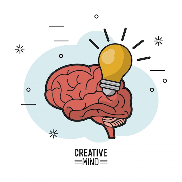 Colorful poster of creative mind with brain and light bulb