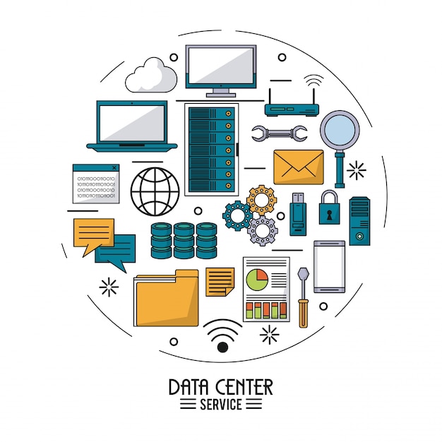 Colorful poster of data center service with tech device icons