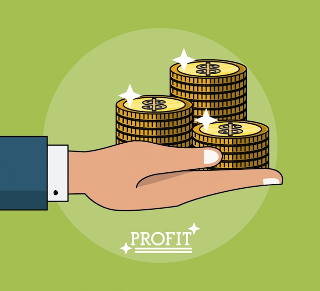 Colorful poster of profit with hand holding coins