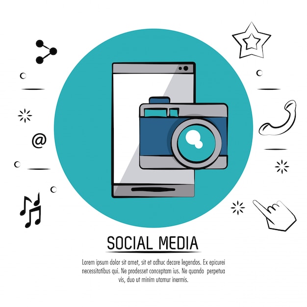 Poster colorato di social media con smartphone e macchina fotografica