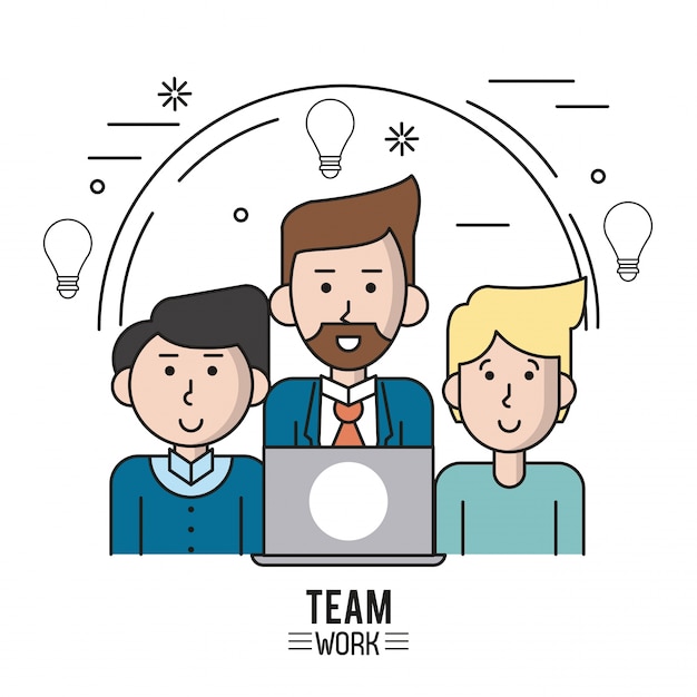 Vector colorful poster of team work with half body caucasian men