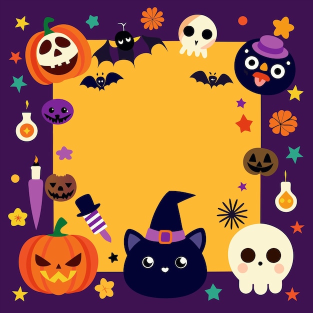 a colorful poster with halloween decorations and a black cat on it