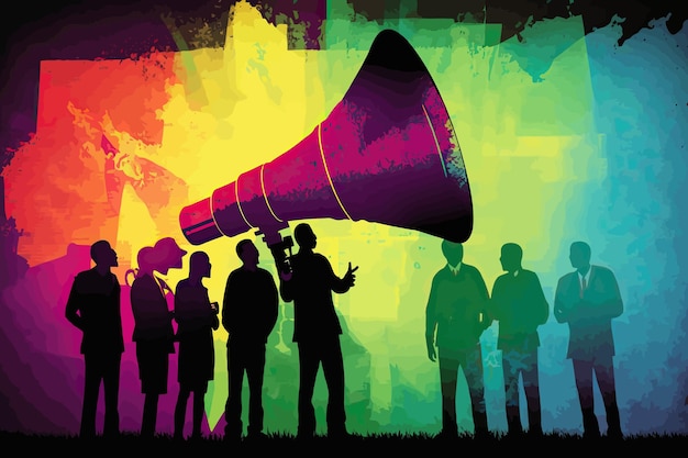 A colorful poster with people standing around and one of the people speaking into a megaphone.