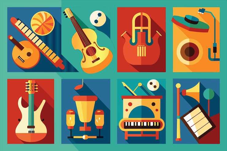 Vector a colorful poster with a picture of a guitar and other items