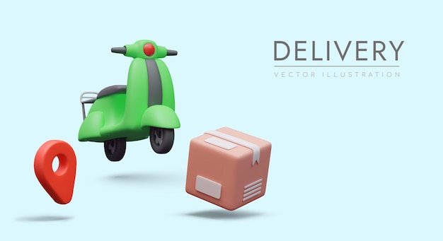 Colorful poster with realistic green scooter parcel and red pin