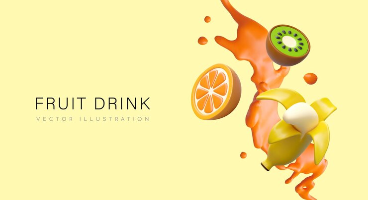 Vector colorful poster with splash of juice in orange colors with different fruits