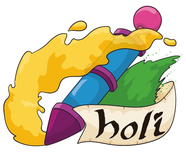 Цветные порошки или цветная вода внутри пичкари игрушечного водного пистолета и свитка с приветствием для Холи