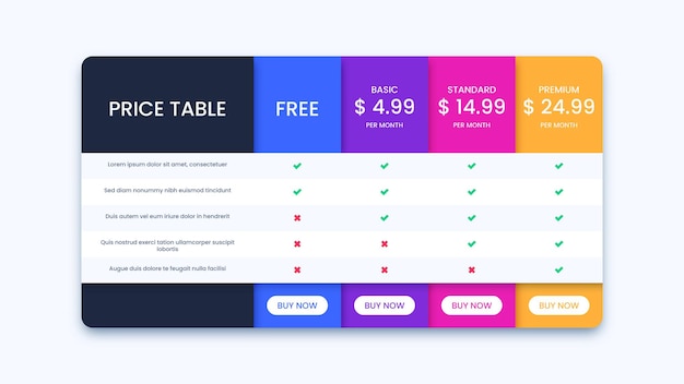 Вектор Красочный шаблон тарифных планов для веб-сайта