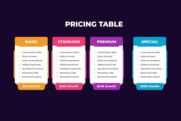 Vector colorful pricing table infographic