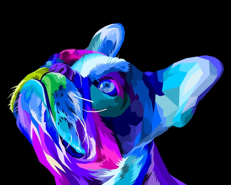 Vector colorful pug head dog on geometric pop art style