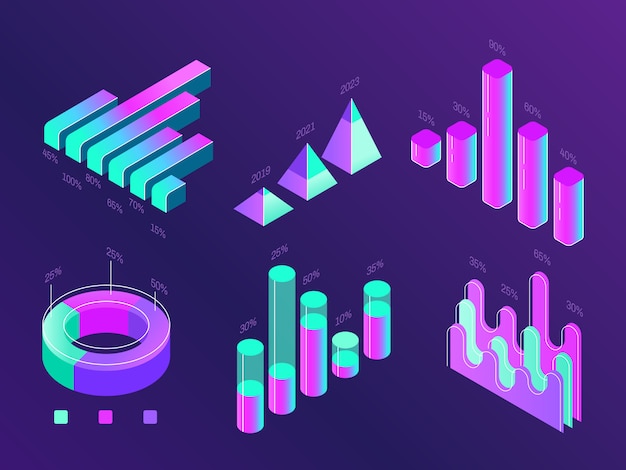 Colorful purple and cyan percentage info charts, statistics columns and diagrams.