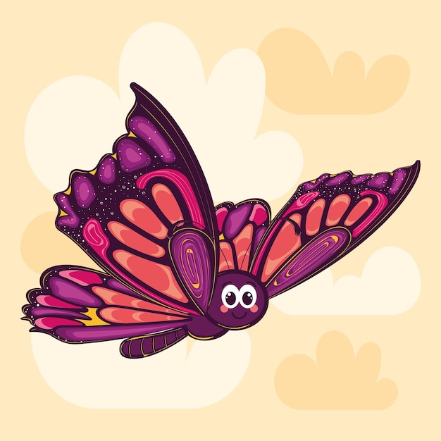 colorful purple and pink butterfly with smiling face vector