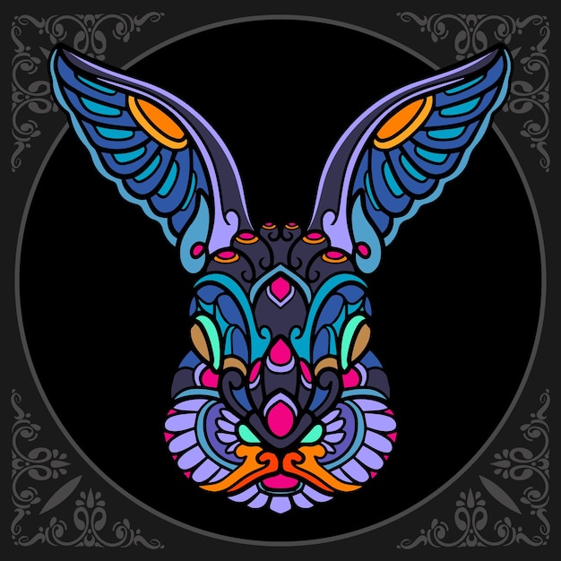 검은 배경에 고립 된 다채로운 토끼 Zentangle 예술