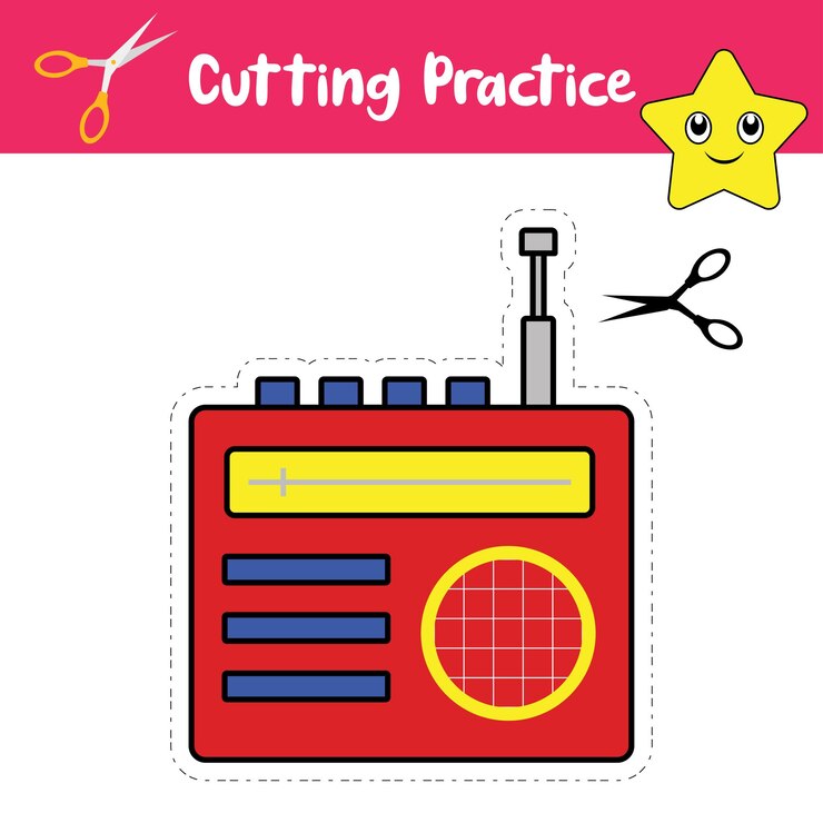 Vector colorful radio cutting practice worksheets for kids vector graphics radio