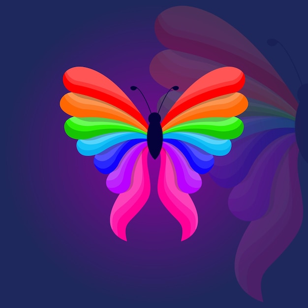 A colorful rainbow butterfly with purple background