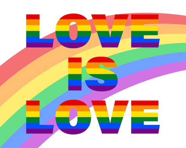 色のカラフルな虹とLGBTの旗のテキスト愛は白い背景の上の愛ですポスターバナー