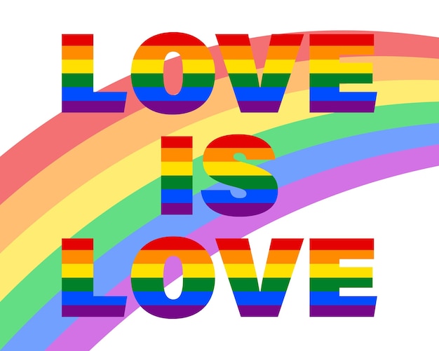 Colorful rainbow of colors and lgbt flag text love is love on a white background poster banner