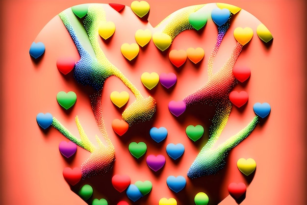 Colorful rainbow hearts on an orange background