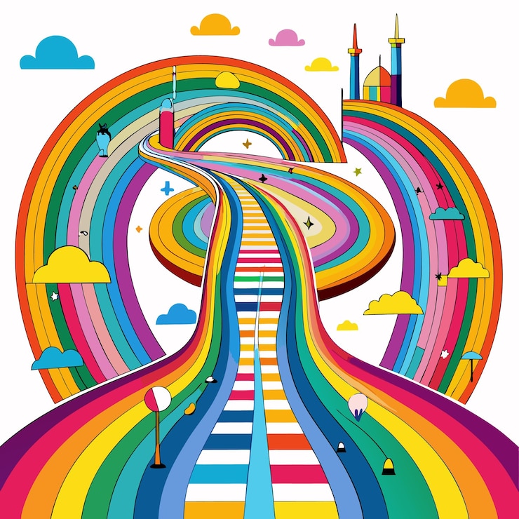 Vector colorful rainbow road leading up to a city with clouds