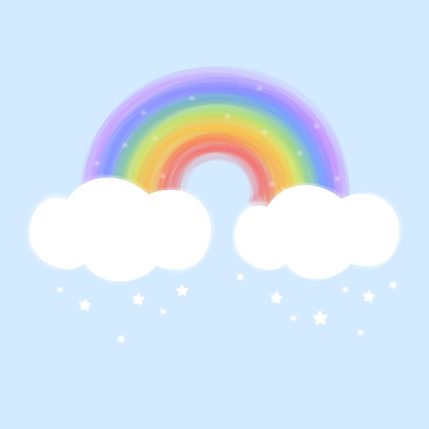 青い背景に雲が描かれたカラフルな虹