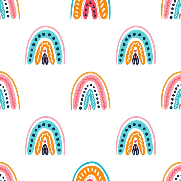 Vector colorful rainbows in doodle style vector seamless pattern