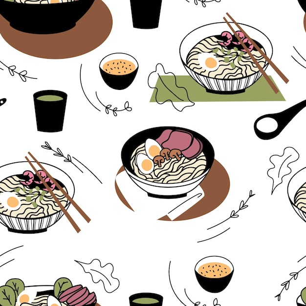다채로운 라면 패턴입니다. 흰색 배경에 고립 된 아시아 요리의 다채로운 벡터. 손으로 그린 중국 계란 국수.