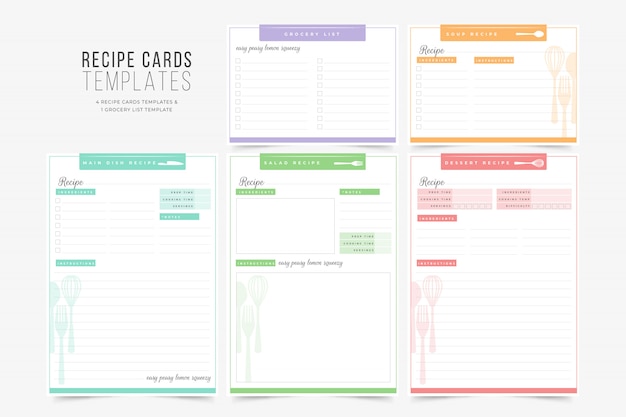 Vector colorful recipes and grocery list templates