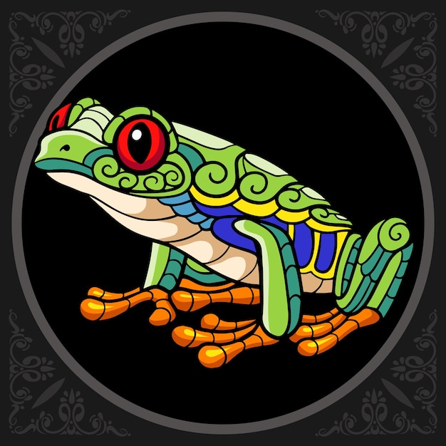 Colorful red eyed tree frog zentangle arts isolated on black background