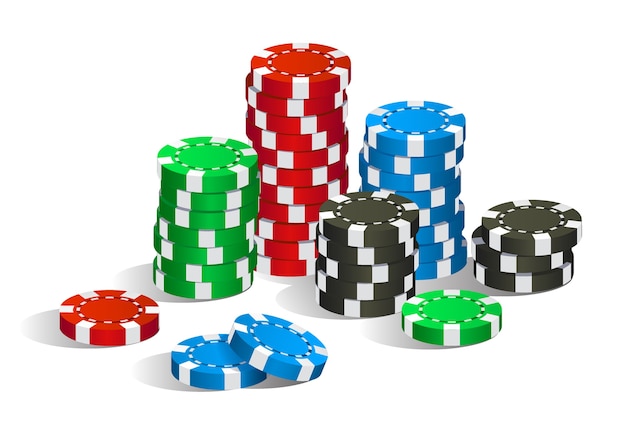 Colorful red, green, blue and black casino poker chips stack