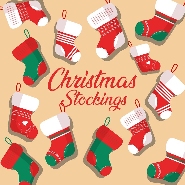 Colorful red and green christmas stockings collection isolated on white background