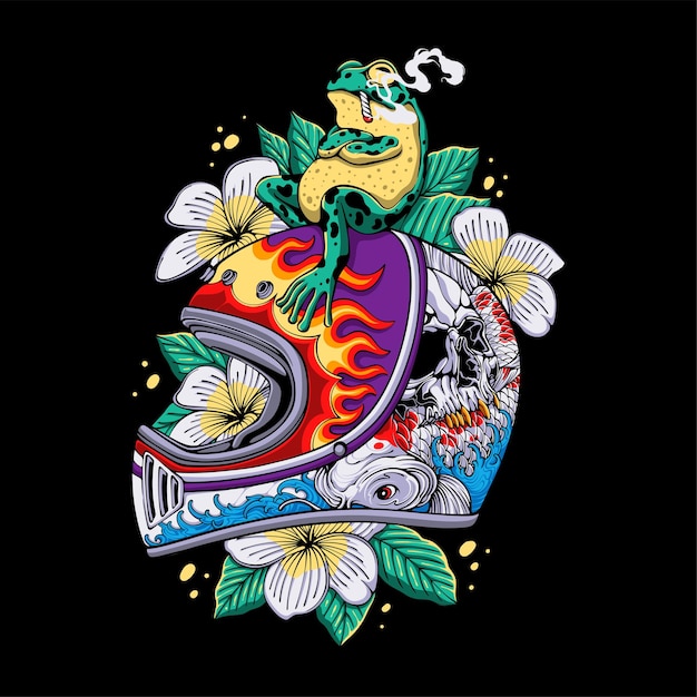 T シャツ デザインの葉と花の背景に座って喫煙カエルと頭蓋骨鯉魚と水のイメージとカラフルなレトロなヘルメット