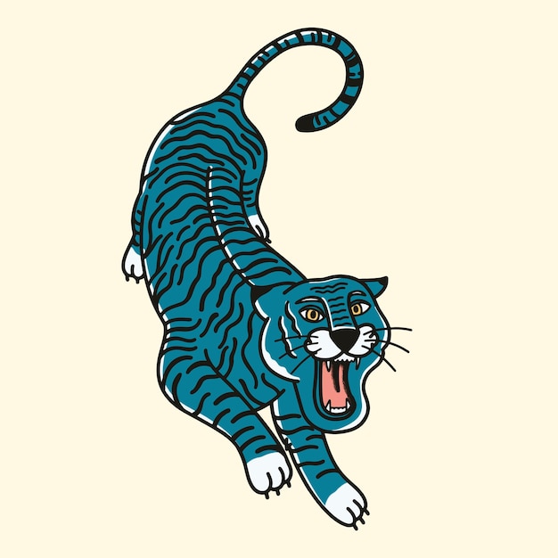 Colorful retro tiger tattoo vector design with pastel background