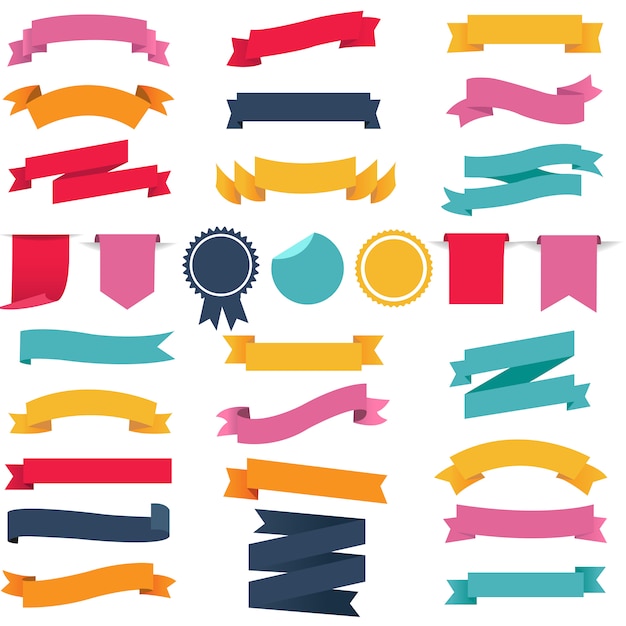 Colorful ribbons and labels set white background