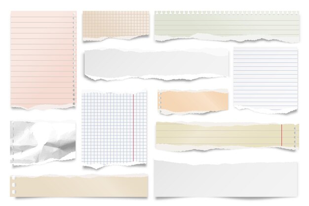 Vector colorful ripped paper strips isolated on white background realistic lined paper scraps with torn