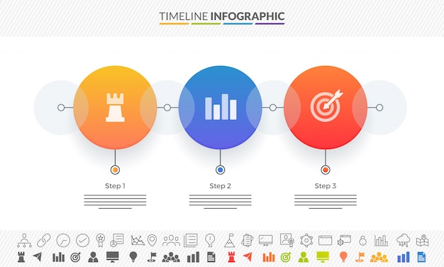 Colorful roadmap timeline Infographics layout with 3 steps and two variations of icons.