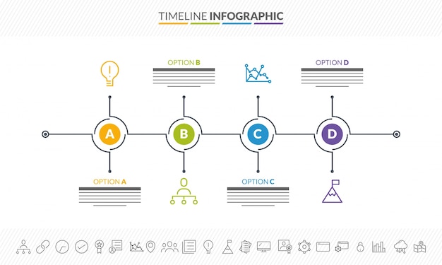 Timeline colorato mappatura infografica con 4 passi e icone impostate.