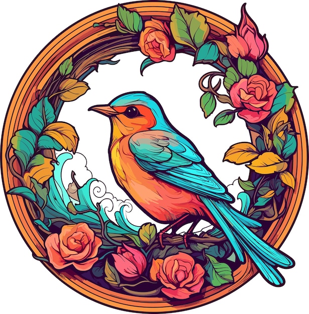 Colorful robin circle tee botanical art meets exotic 2d game aesthetics