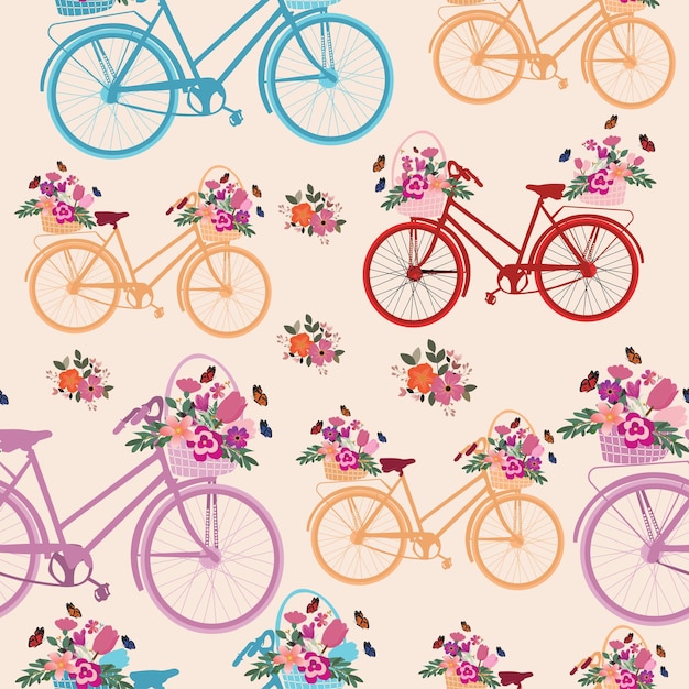 Colorful romantic bicycle with flowers pattern seamless