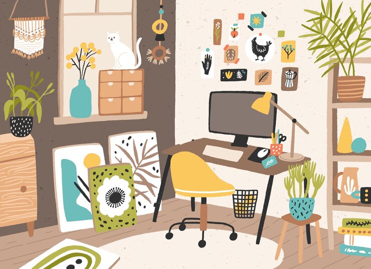 Vector colorful room interior of artistic person vector flat illustration. apartment with creative workplace, computer, pictures, houseplant and cat. workspace or domestic studio with cosiness elements.
