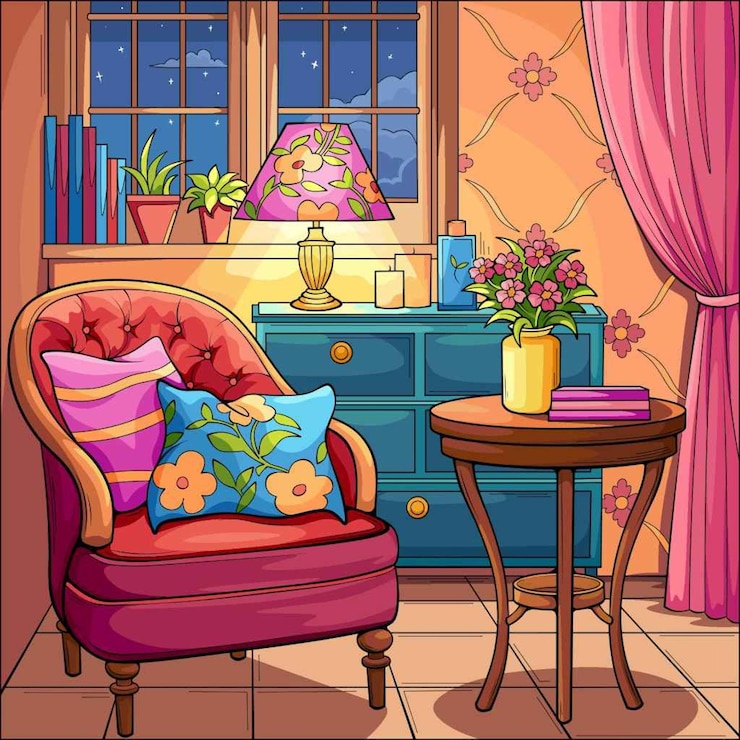 वेक्टर a colorful room with a chair and a table with a potted plant on it