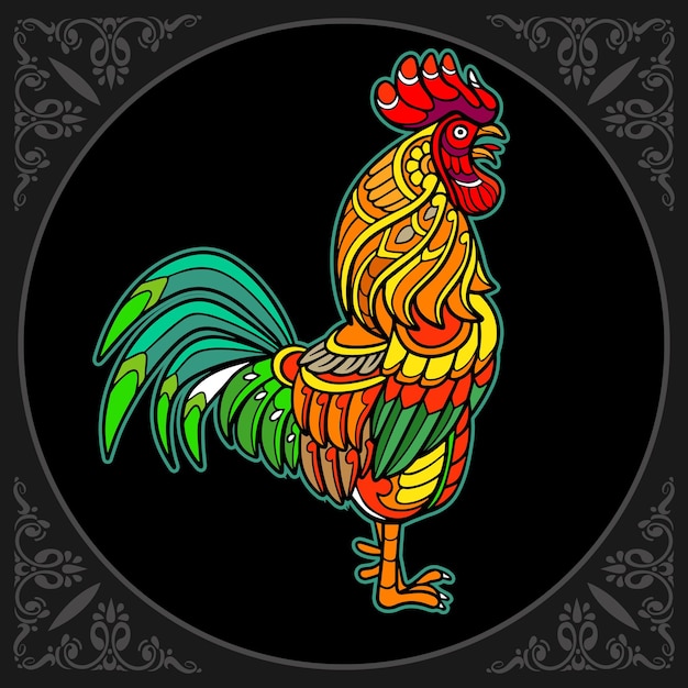 Colorful Rooster zentangle arts isolated on black background