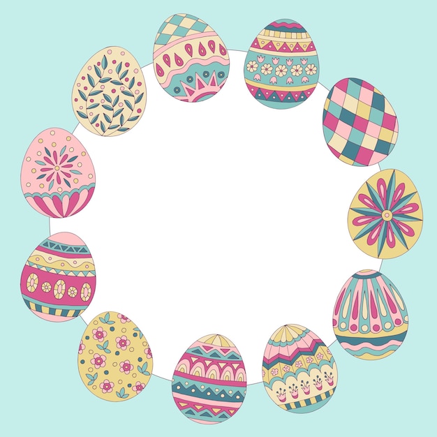 Colorful round frame with beautiful abstract doodle pattern of easter eggs