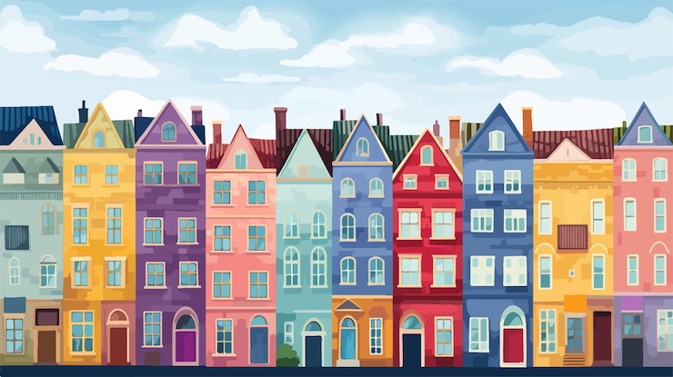 Vector a colorful row of houses with a row of windows
