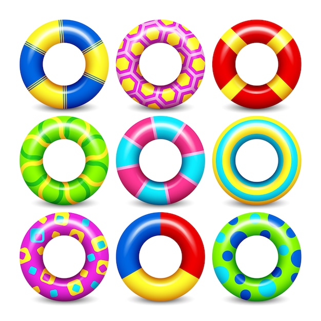 Colorful rubber swim rings vector set for water floating. swimming circle lifesaver collection for c